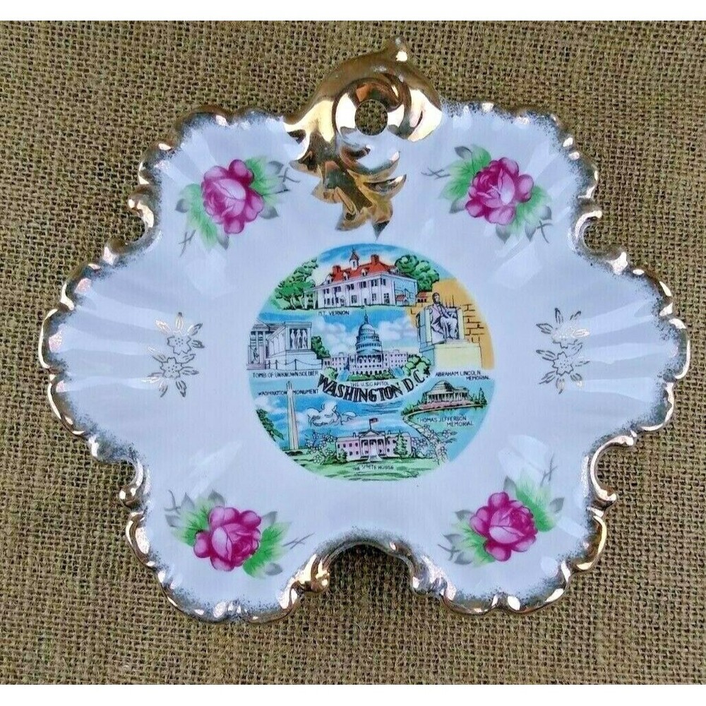 Novelty Washington DC Candy Dish Ceramic Vintage Made in Japan Roses Gold Rim